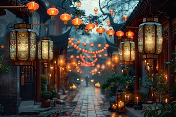 Night, Chang'an Street in the Tang Dynasty, lively lantern party, lanterns, lantern party, overhead composition