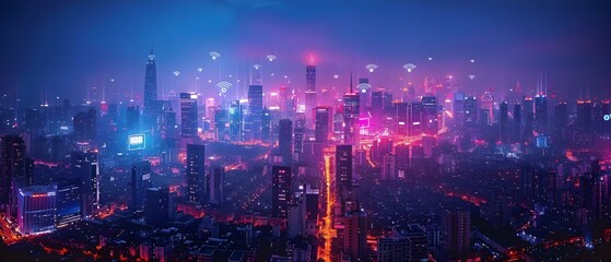 Fototapeta na wymiar Metropolis Nights: 5G Connectivity Dreamscape. Concept Urban Landscape, Futuristic Technology, Nighttime Cityscapes, Digital Connectivity, Illuminated Skylines