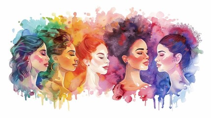 watercolor illustration of diverse women celebrating international womens day empowering digital art - obrazy, fototapety, plakaty