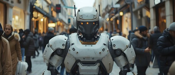 Robot Among Us: Futuristic Encounter on a City Street. Concept Sci-Fi, Robotics, Future Technology, Urban Environment, Surreal Encounters - obrazy, fototapety, plakaty