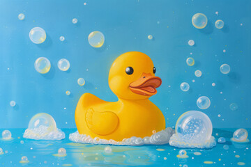 Yellow rubber ducky and soap bubbles on blue background. Toy for bathing child in bathroom