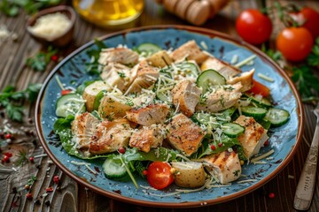 Caesar Salad with Chicken, Croutons, Tomatoes, Cucumbers on Blue Plate, Green Salad with Parmesan