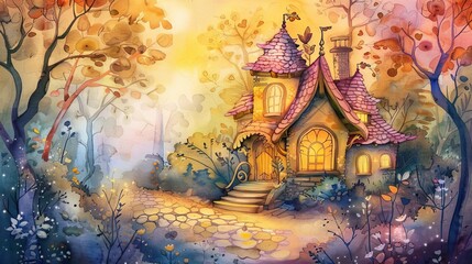 Obraz na płótnie Canvas whimsical fairy tale cottage in a magical forest watercolor painting