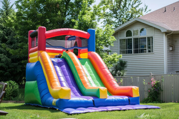 Colorful inflatable bounce slide stands ready for play in homes backyard with green grass. Entertainment for children at birthday party
