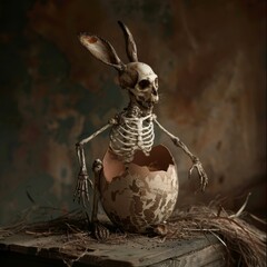 Obraz premium A skeletal rabbit emerges from a decaying egg, evoking a sense of horror 
