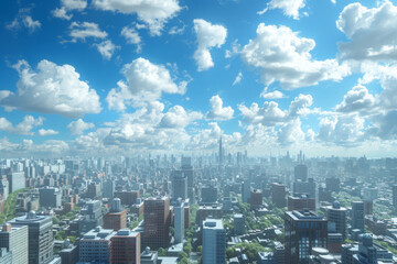 Aerial view of cityscape with high rise buildings under blue sky. Modern city downtown panorama