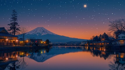   A tranquil night scene featuring a towering mountain backdrop, a mirror-like lake in the foreground, and quaint houses nestled along its shores