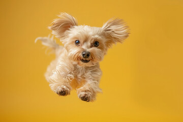 Joyful dog jumping against yellow backdrop. Funny pet