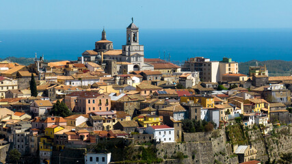 Aerial view of the historic center of Catanzaro. It is a city and capital of Calabria, southern Italy. In the background is the Ionian Sea.