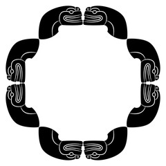 Ethnic animal frame or border with stylized heads of snakes or serpents. Native American motif of Maya Indians. Black and white silhouette.
