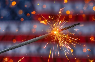 A sparkler is lit up in front of the American flag