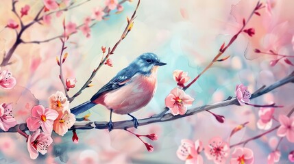 songbird perched on cherry blossom branch springtime nature scene watercolor painting - obrazy, fototapety, plakaty