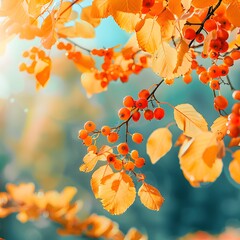 Golden Autumn Glow - Vibrant Nature Background with Yellow Leaves and Orange Berries under Blue Sky