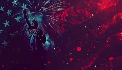 A patriotic poster with a statue of liberty and fireworks in the background