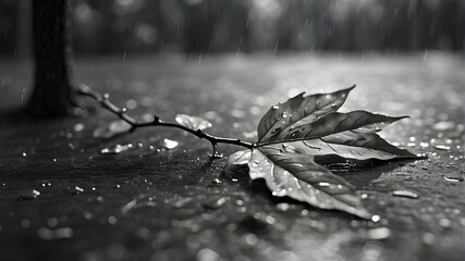 A photorealistic image capturing the essence of a tree in the rain, rendered in black and white. The focus should be on the interplay between the raindrops and the tree's leaves, creating a serene and - obrazy, fototapety, plakaty