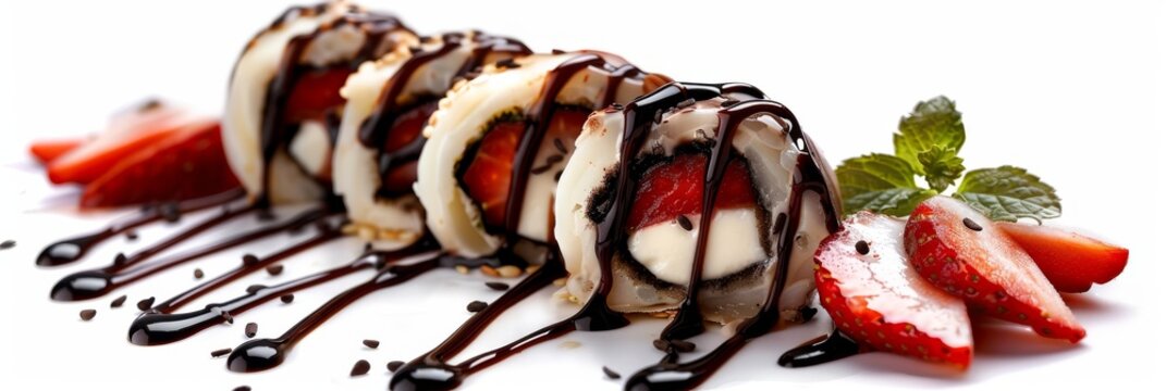 Chocolate Maki Sushi Pancake Rolls Stuffed with Fruits and Cheese Close Up, Sliced Pancake
