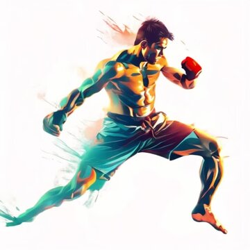 interesting angle-view pose shot. Illustration Thai art style graphic 2D flat colorful style vector gradient semi-realism. Dynamic pose. A Muay Thai fighter throwing a powerful