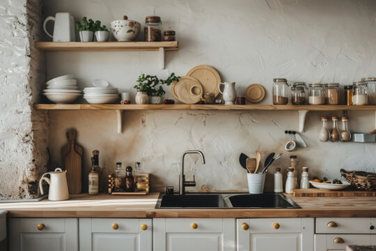 Cozy rustic kitchen interior. Kitchen background with wooden shelves, sink and cookware
