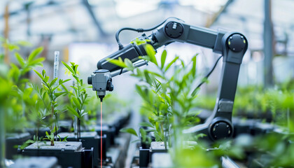 Modern technology in farming and agriculture. Robotic arm cultivating plants in industrial greenhouse.