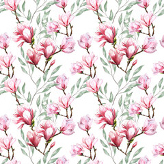 fresh magnolia flower botanical watercolor illustration floral design petals blooming spring tropical pink beautiful plant with eucalyptus leaves banner seamless pattern