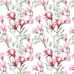 fresh magnolia flower botanical watercolor illustration floral design petals blooming spring tropical pink beautiful plant with eucalyptus leaves banner seamless pattern