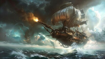 Naklejka premium steampunk airship battle above a stormy sea digital painting