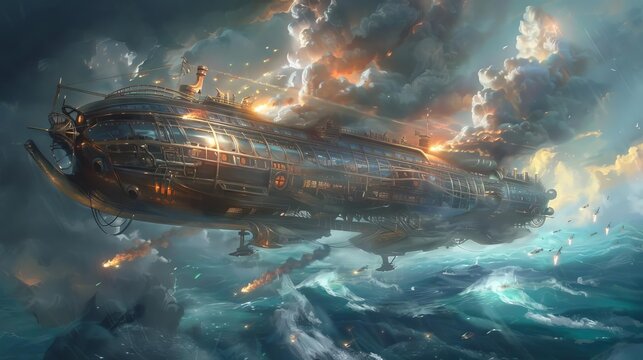 steampunk airship battle above a stormy sea digital painting
