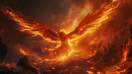 Amongst volcanic peaks, a phoenix rises from molten lava, its wings spreading flames that illuminate the night sky