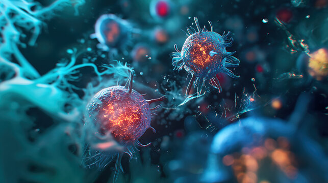 3D render of human cells attacking a cancer cell in closeup, macro photography, dark blue and light cyan colors