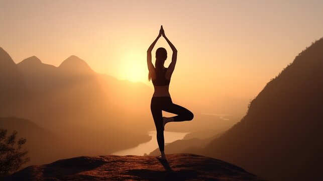 Lifestyle woman yoga exercise and pose for healthy life. Young girl or people pose balance body vital zen and meditation for workout nature mountain background in morning day.
