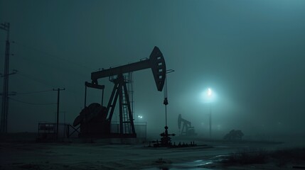 Industrial oil pump jack extracting crude oil in a field, symbolizing energy production with a focus on the environmental impact of fossil fuel pollution. - obrazy, fototapety, plakaty