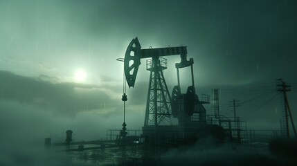 Industrial oil pump jack extracting crude oil in a field, symbolizing energy production with a focus on the environmental impact of fossil fuel pollution.