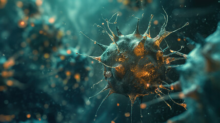 A highly detailed, realistic depiction of an abstract medical cell or cancer cells, with sharp focus and a blurred background to emphasize the subject.  - obrazy, fototapety, plakaty