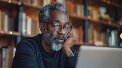 Fototapeta premium Businessman Using Laptop for Online Work in Office Generative AI