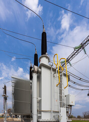 High voltage transformer substation. High voltage equipment. Energy transfer technology.