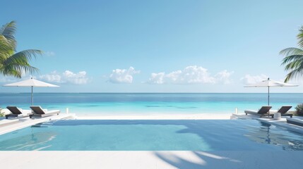 Obraz premium the elegance of a luxury beach club, featuring a pristine swimming pool and lounge chairs against a backdrop of azure ocean, white sand, and clear blue sky 