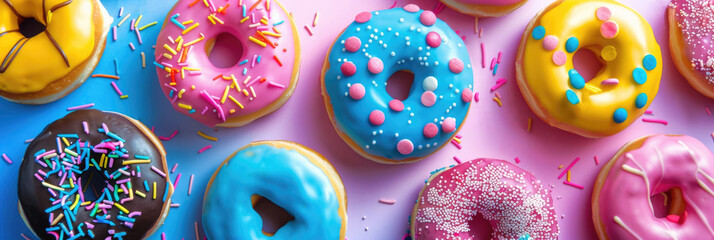 horizontal banner, National Donut Day, a row of multi-colored donuts covered with icing and confetti, gradient pink blue background - obrazy, fototapety, plakaty