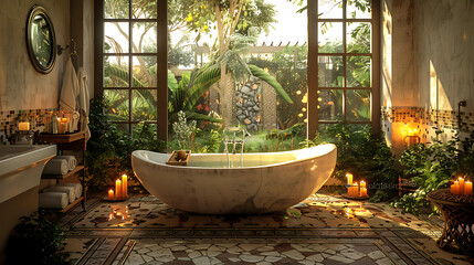 a luxurious bath with the view to a tropical back yard