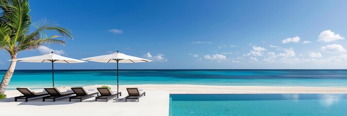 the elegance of a luxury beach club, featuring a pristine swimming pool and lounge chairs against a backdrop of azure ocean, white sand, and clear blue sky
