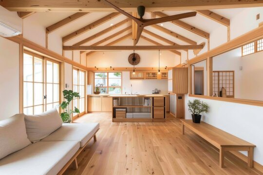 A simple and stylish Japanese-style living room with wooden beams on the ceiling, white walls, and light wood floors Generative AI