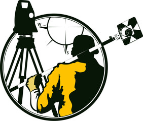 Surveyor with surveying instrument. Symbol for geodetic and cadastral works