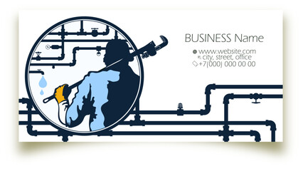 Plumber with a water wrench. Business card for plumbing repair and service