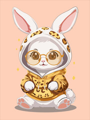 Cute chibi rabbit n the glasses on the pink background