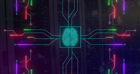 Image of neon network of connections with digital brain over server room