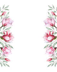 Fototapeta na wymiar fresh magnolia flower botanical watercolor illustration floral design petals blooming spring tropical pink beautiful plant border background template