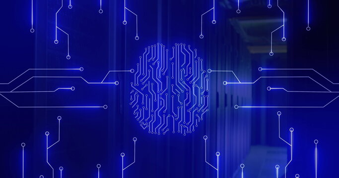 Image of neon brain and network of connections over server room - Powered by Adobe