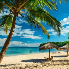 Sunny Beach Paradise - White Sand, Turquoise Ocean, Palm Trees, and Straw Umbrellas - Summer Tropical Landscape Panoramic View