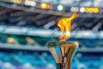 The Olympic flame burns brightly on top of the torch against a blurred sports arena background