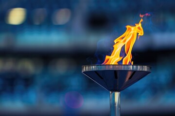 The Olympic flame ablaze against a sports stadium backdrop - obrazy, fototapety, plakaty