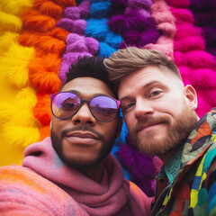 Young couple take photos of each other smiling during the Gay Pride demonstration. Boys in love with colorful wall taking selfie photos. Concept of freedom and lifestyle